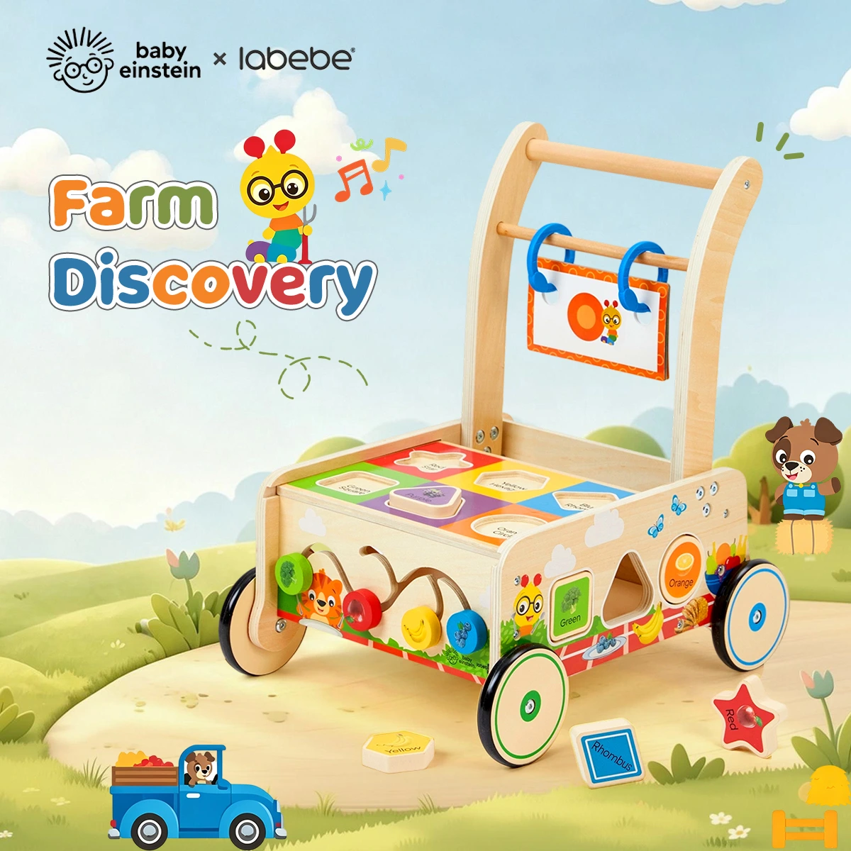 Baby Einstein x Labebe Farm Discovery wooden push walker featuring shape sorter, bead maze, spinning gears, and interactive Montessori learning activities for toddlers